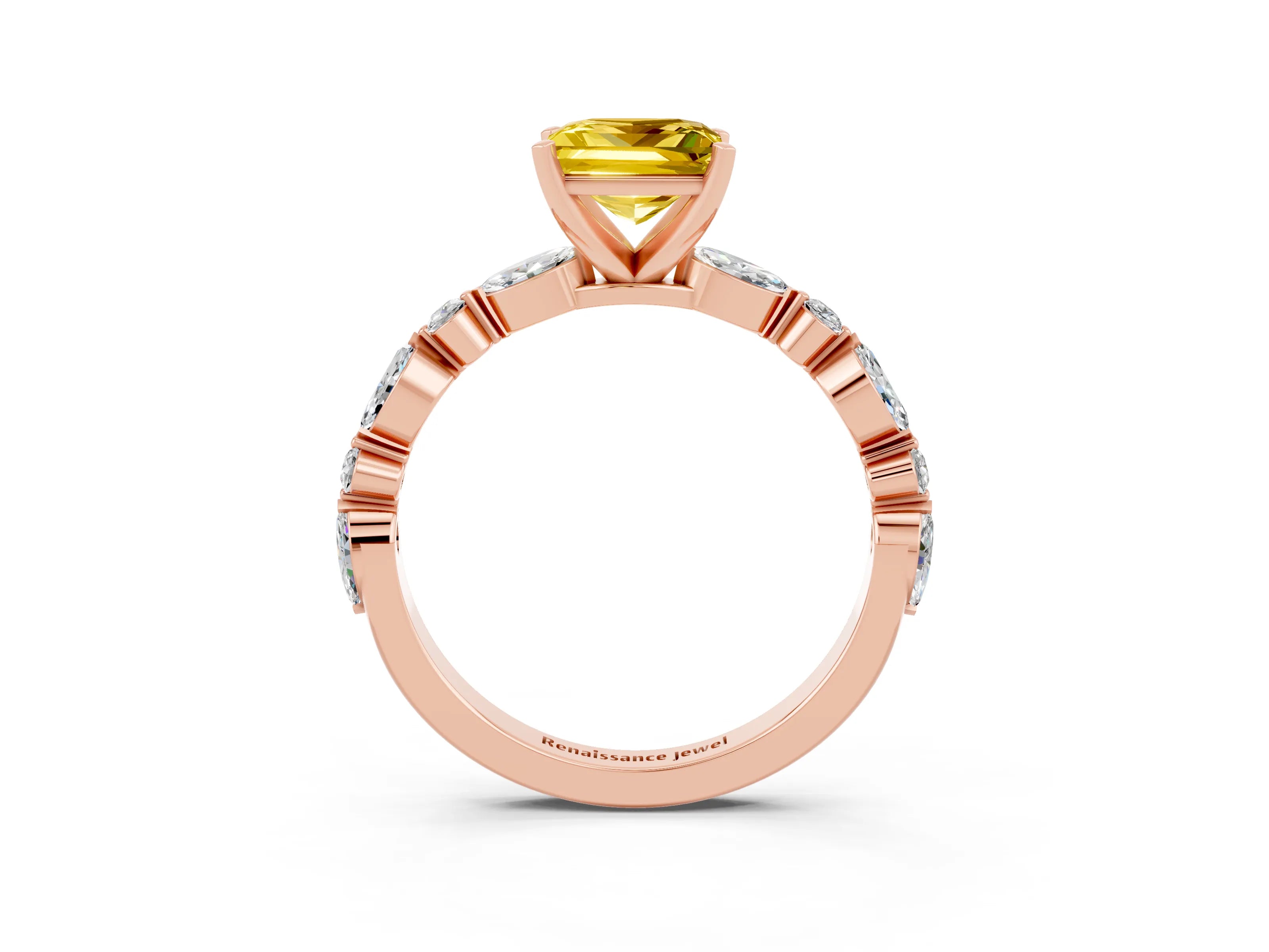 Rose gold Princess Cut Yellow Sapphire Solitaire with Side Stones on a Pavé Band and Four-Prong Setting_27