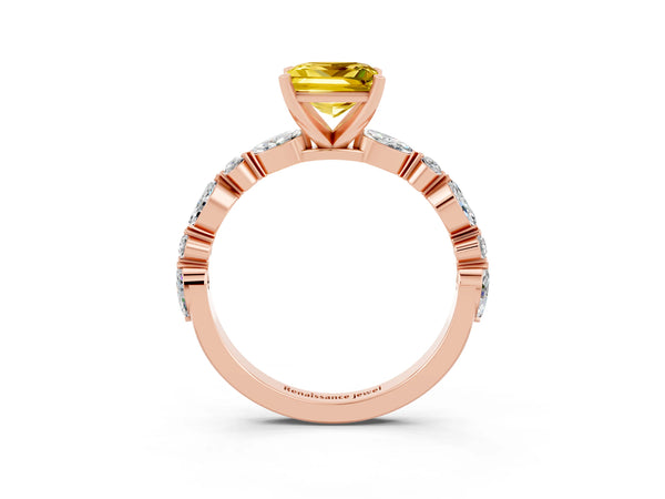 Rose gold Princess Cut Yellow Sapphire Ring with Marquise and Round  Side Stones and Four-Prong Setting