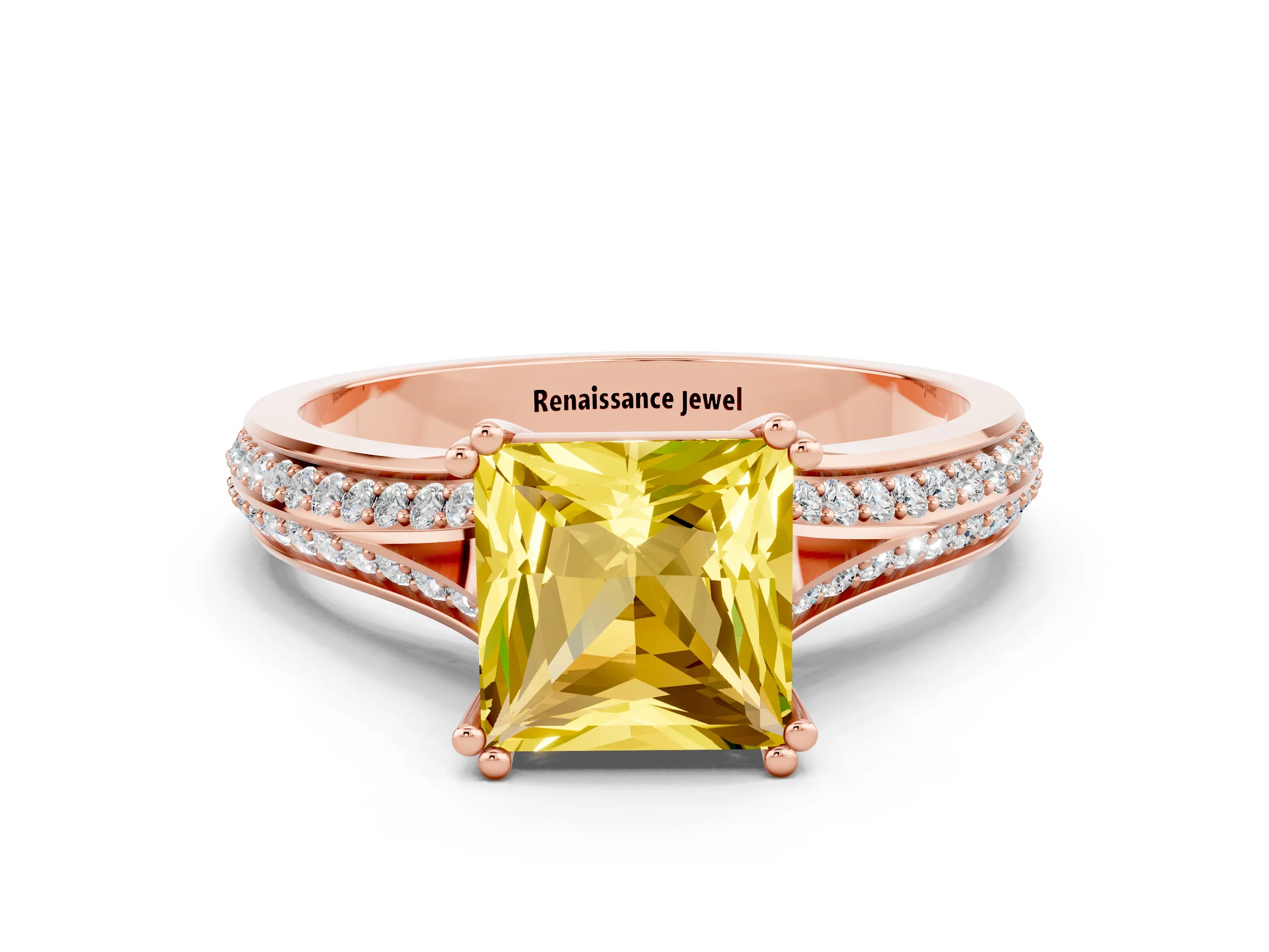 Rose gold Princess Cut Yellow Sapphire Split Shank Engagement Ring with Pavé Band_24