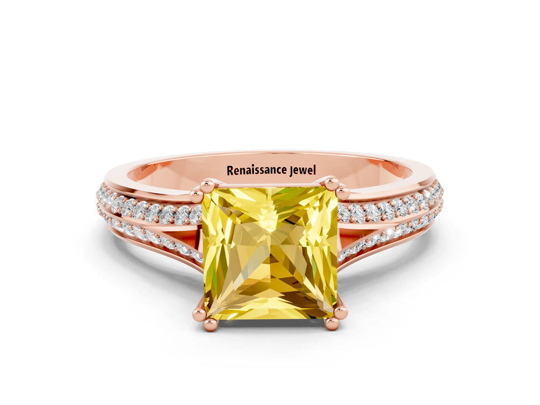 Rose gold Princess Cut Yellow Sapphire Split Shank Engagement Ring with Pavé Band_24