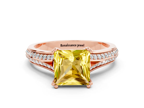 Rose gold Princess Cut Yellow Sapphire Split Shank Engagement Ring with Pavé Band