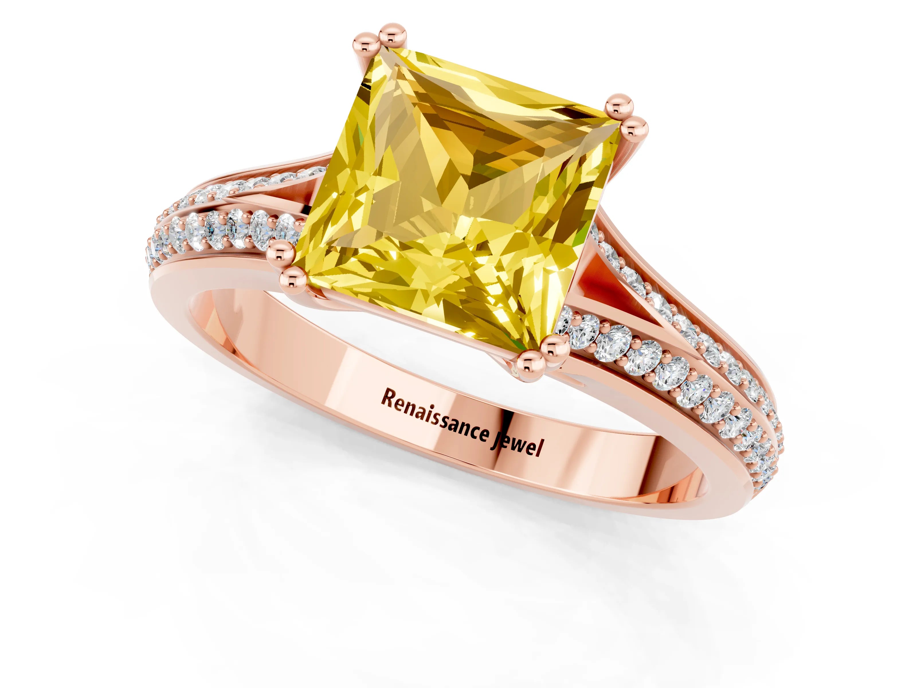 Rose gold Princess Cut Yellow Sapphire Split Shank Engagement Ring with Pavé Band_25