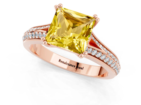 Rose gold Princess Cut Yellow Sapphire Split Shank Engagement Ring with Pavé Band