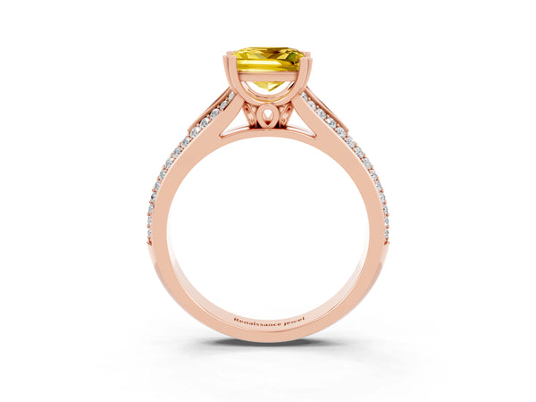 Rose gold Princess Cut Yellow Sapphire Split Shank Engagement Ring with Pavé Band