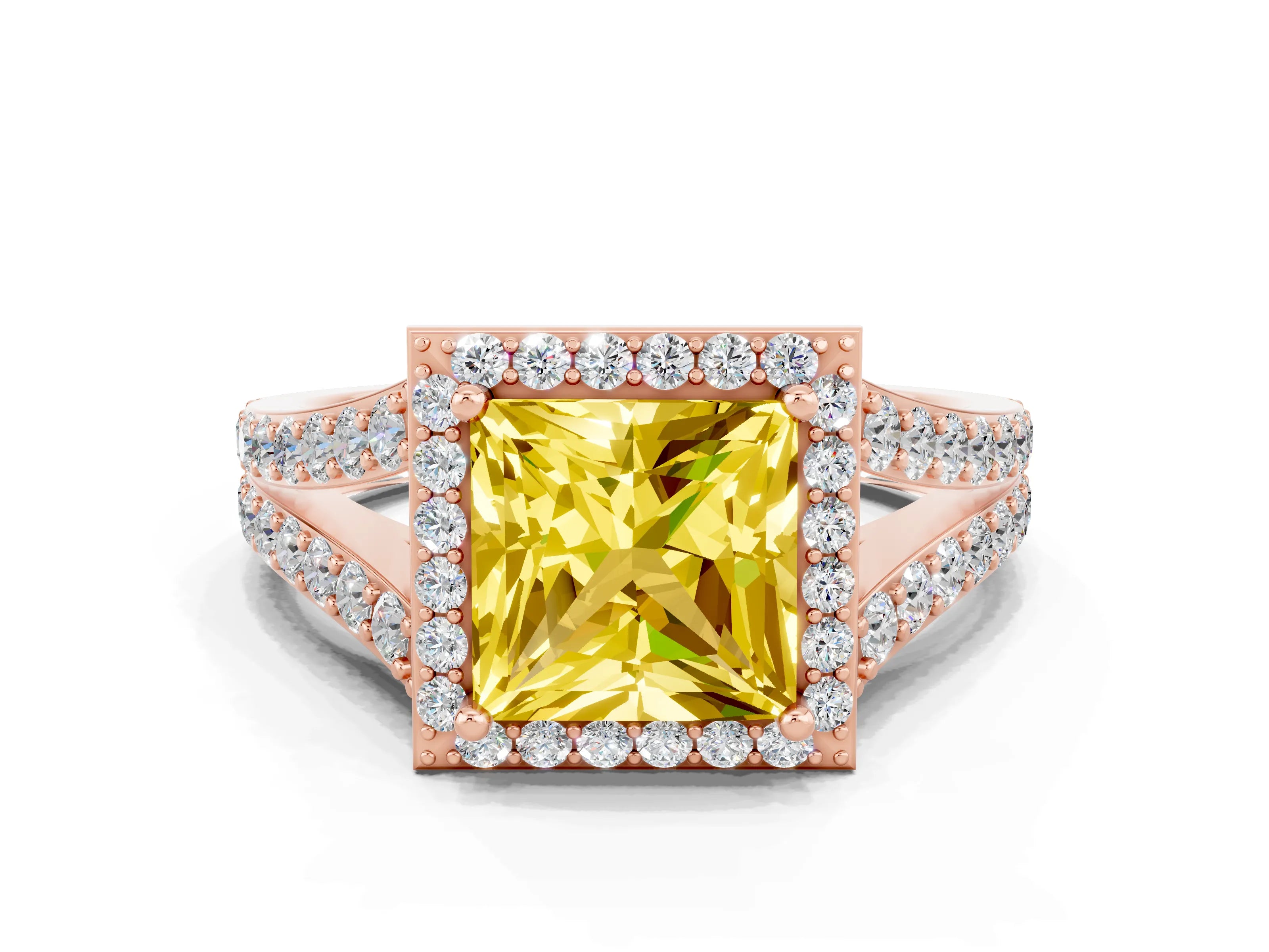 Rose gold Princess Cut Yellow Sapphire Split Shank Halo Ring with Four-Prong Setting_12