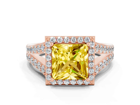 Rose gold Princess Cut Yellow Sapphire Split Shank Halo Ring with Four-Prong Setting_12