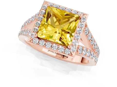 Rose gold Princess Cut Yellow Sapphire Split Shank Halo Ring with Four-Prong Setting_13