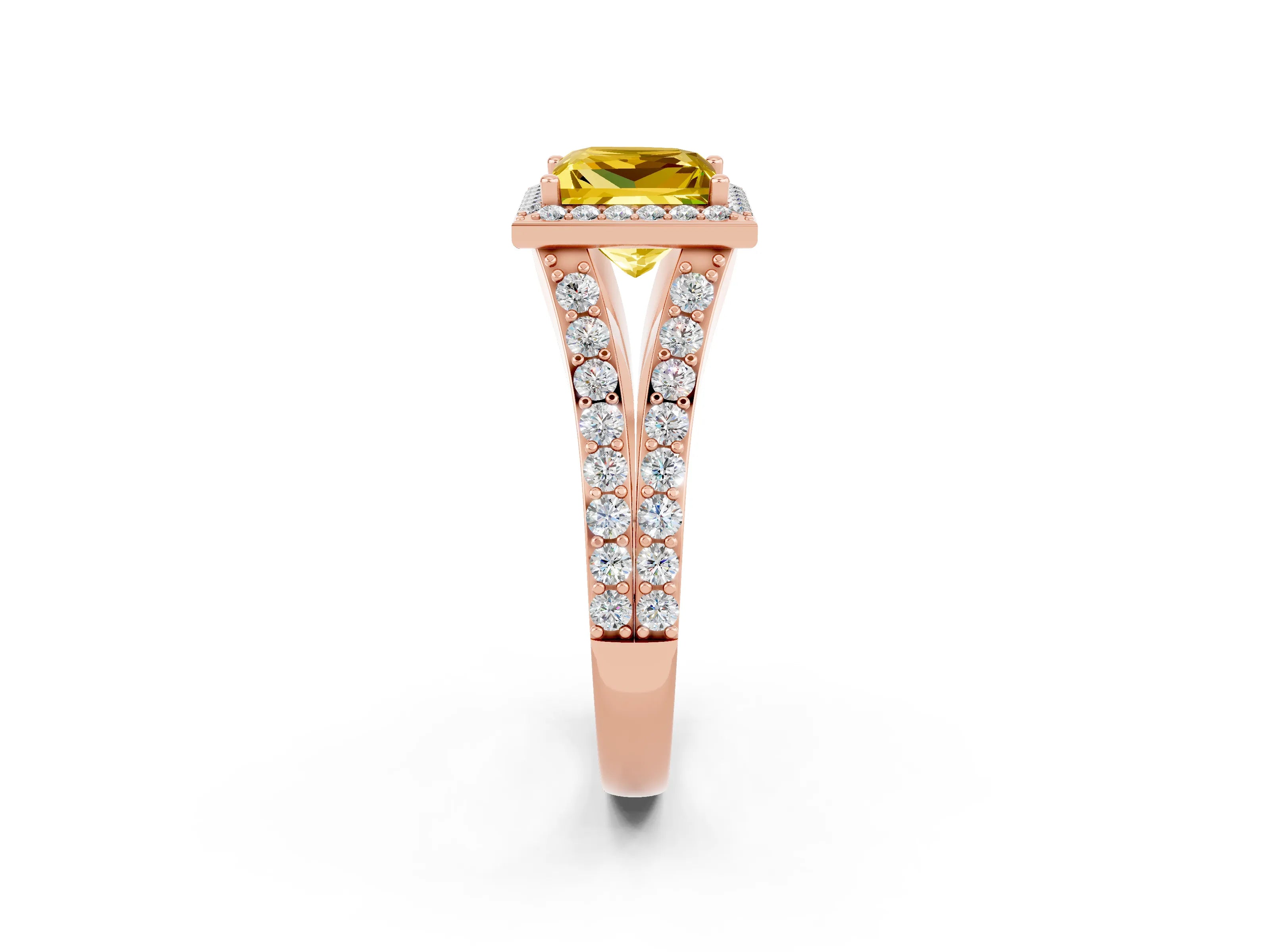 Rose gold Princess Cut Yellow Sapphire Split Shank Halo Ring with Four-Prong Setting_14