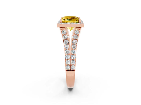 Rose gold Princess Cut Yellow Sapphire Split Shank Halo Ring with Four-Prong Setting