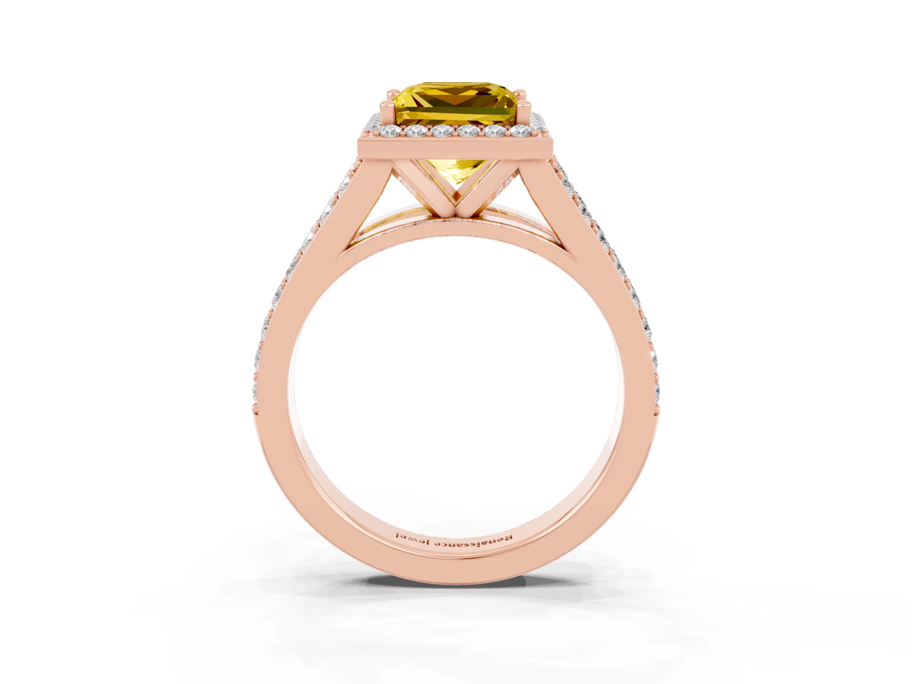 Rose gold Princess Cut Yellow Sapphire Split Shank Halo Ring with Four-Prong Setting_15