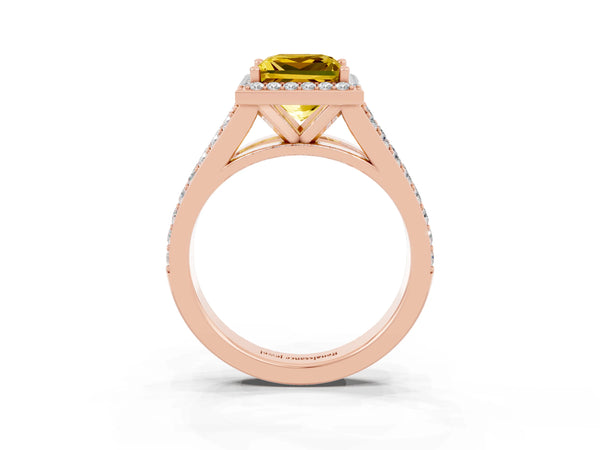 Rose gold Princess Cut Yellow Sapphire Split Shank Halo Ring with Four-Prong Setting