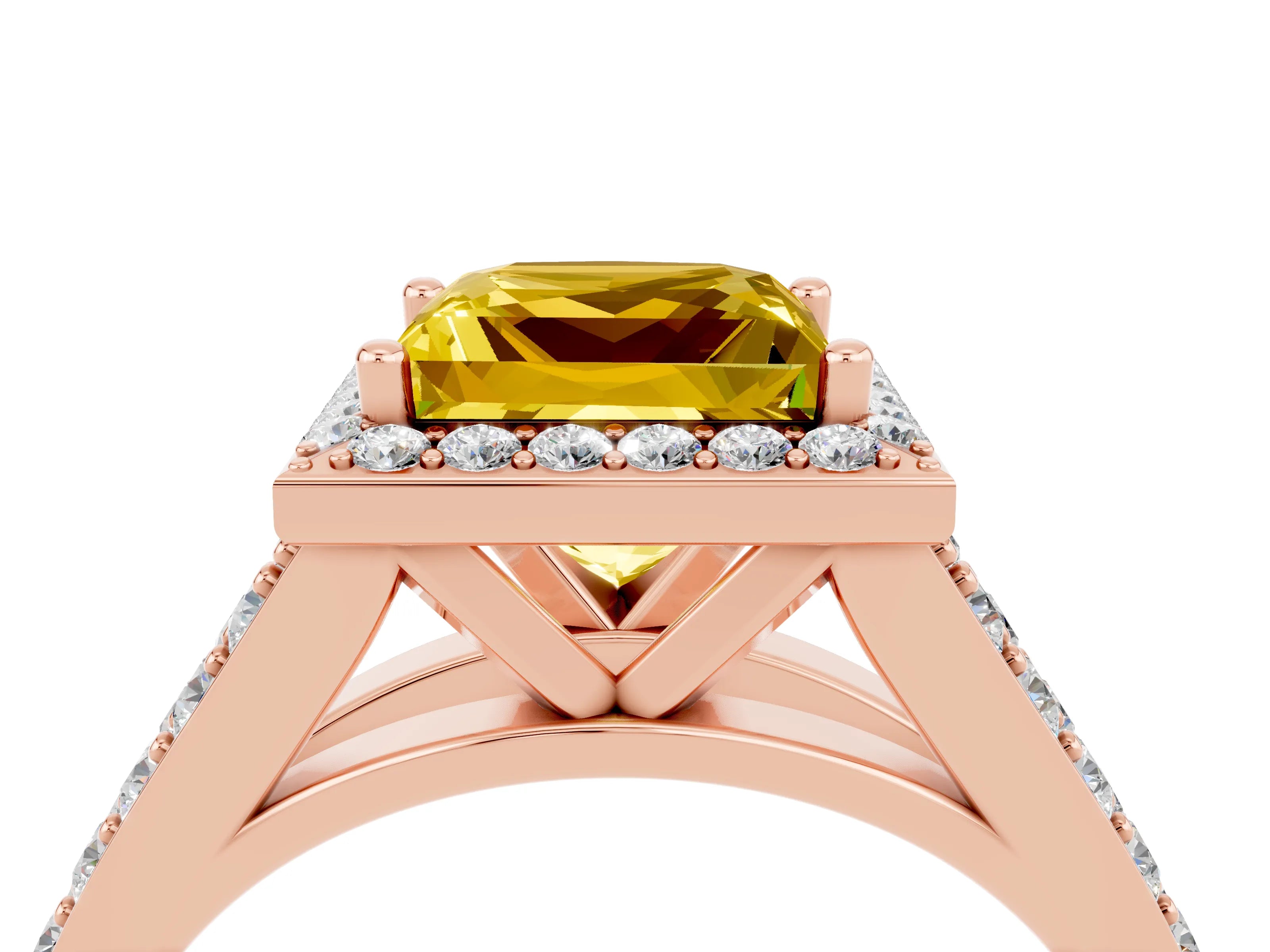 Rose gold Princess Cut Yellow Sapphire Split Shank Halo Ring with Four-Prong Setting_16