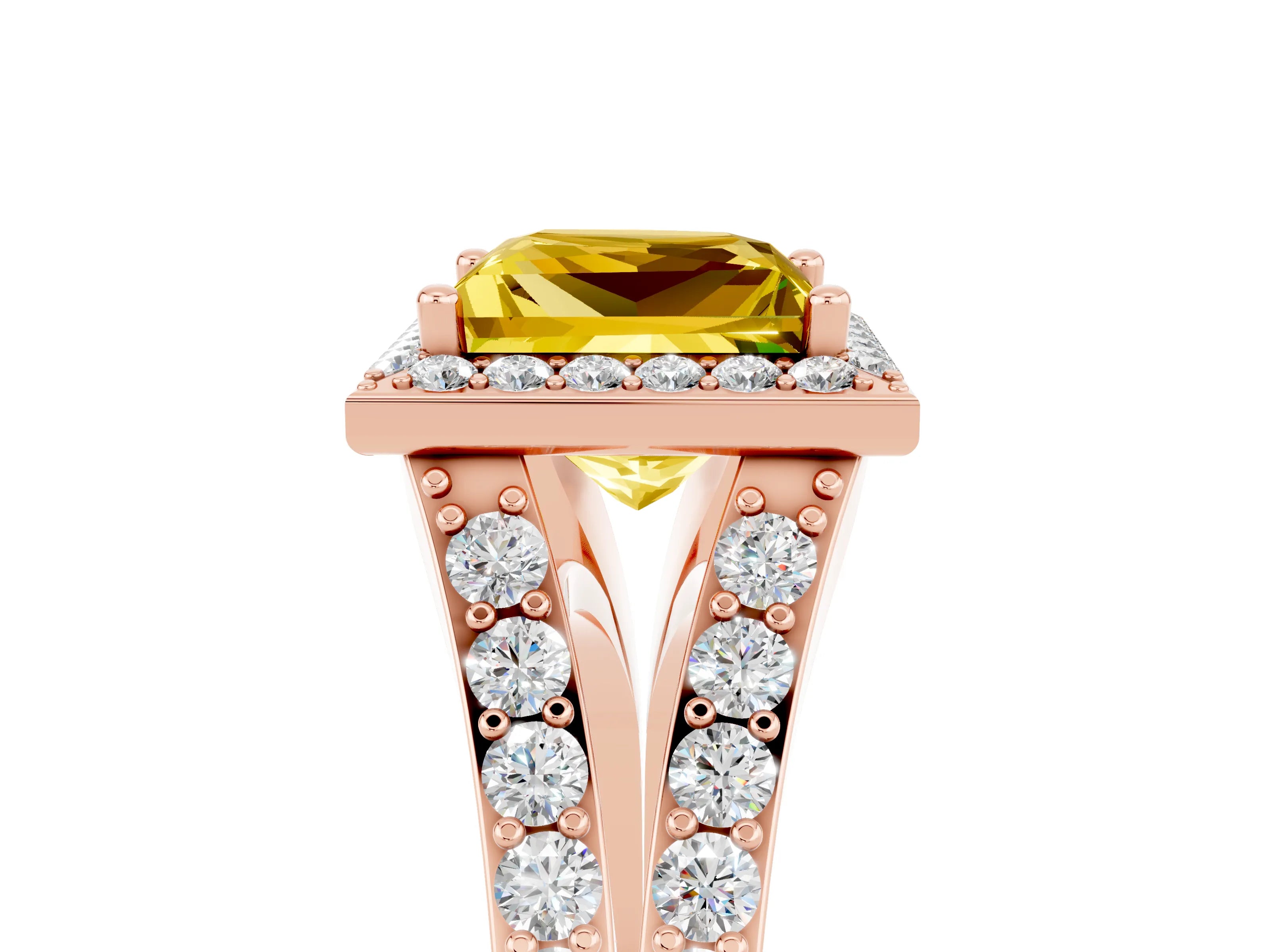 Rose gold Princess Cut Yellow Sapphire Split Shank Halo Ring with Four-Prong Setting_17