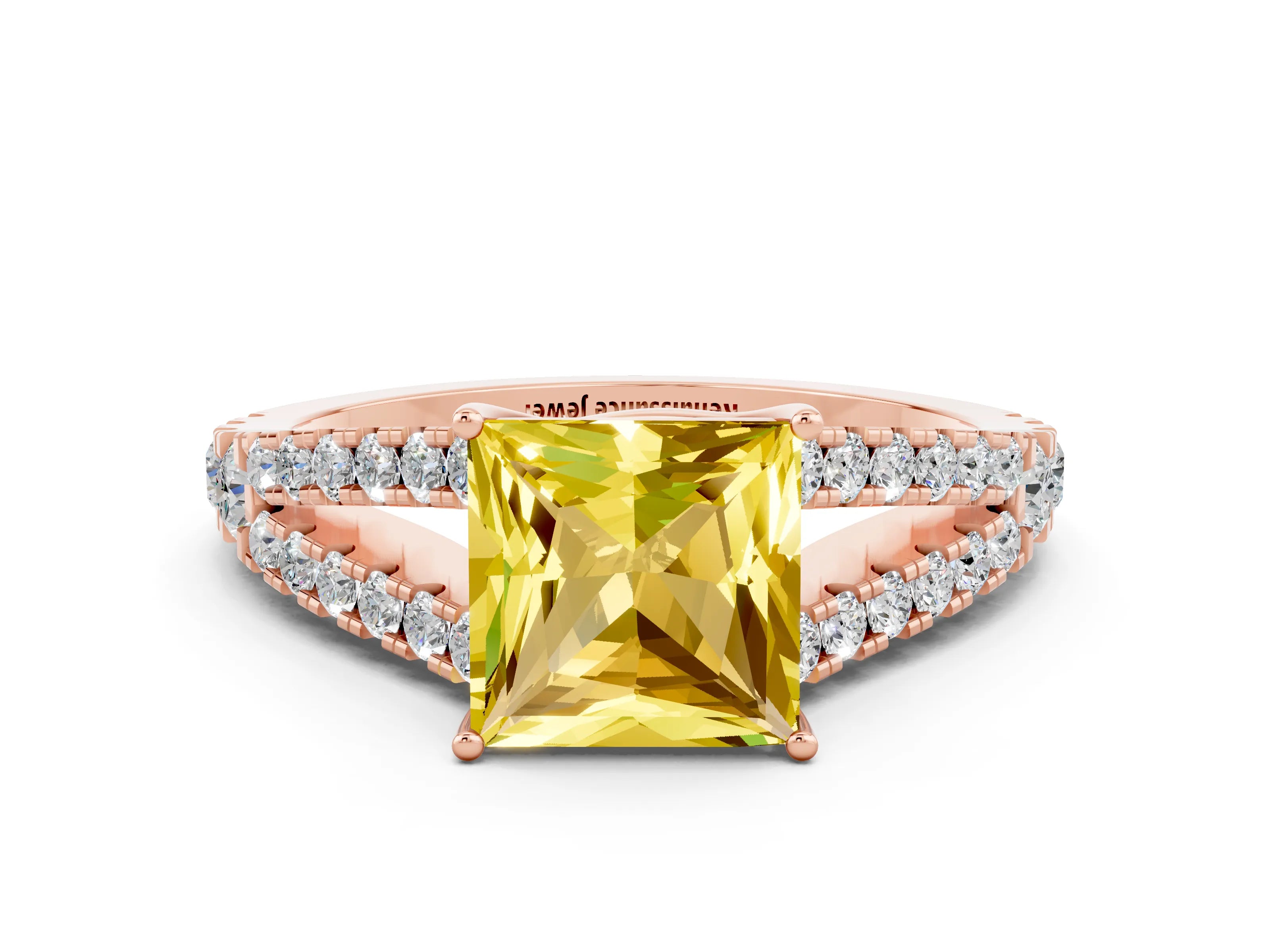 Rose gold Princess Cut Yellow Sapphire Split Shank Pavé Engagement Ring with Four-Prong Setting_12