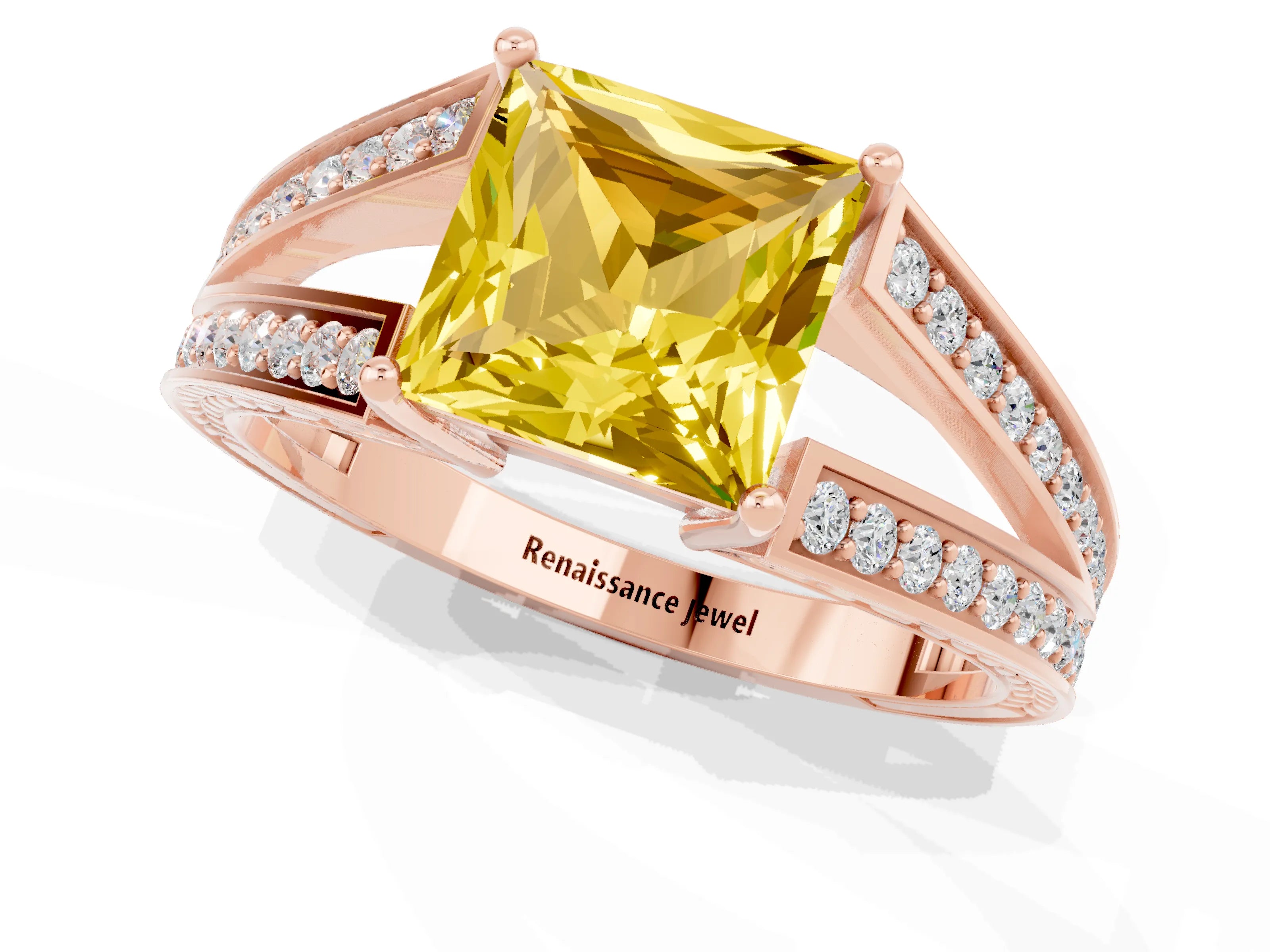Rose gold Princess Cut Yellow Sapphire Split Shank Ring with Pavé Band and Four-Prong Setting_1