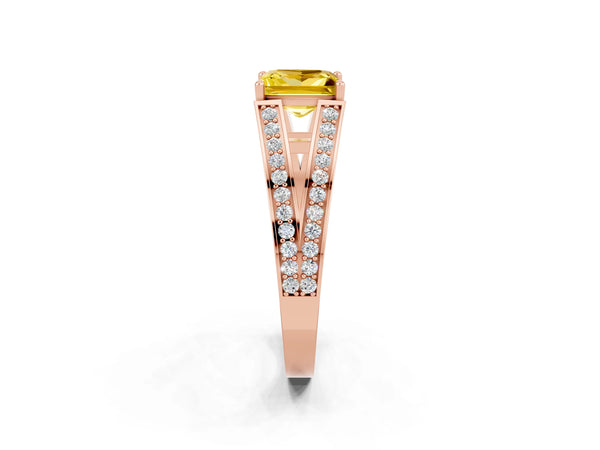 Rose gold Princess Cut Yellow Sapphire Split Shank Ring with Pavé Band and Four-Prong Setting