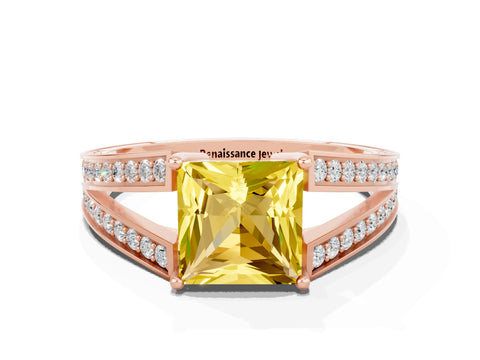 Rose gold Princess Cut Yellow Sapphire Split Shank Ring with Pavé Band and Four-Prong Setting