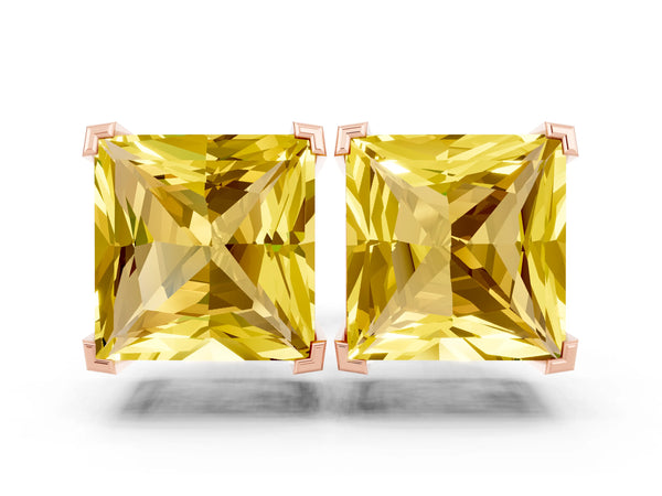Rose gold Princess Cut Yellow Sapphire Stud Earrings