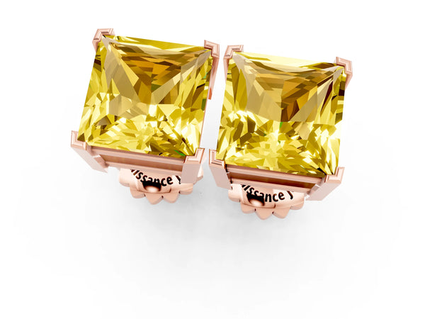 Rose gold Princess Cut Yellow Sapphire Stud Earrings