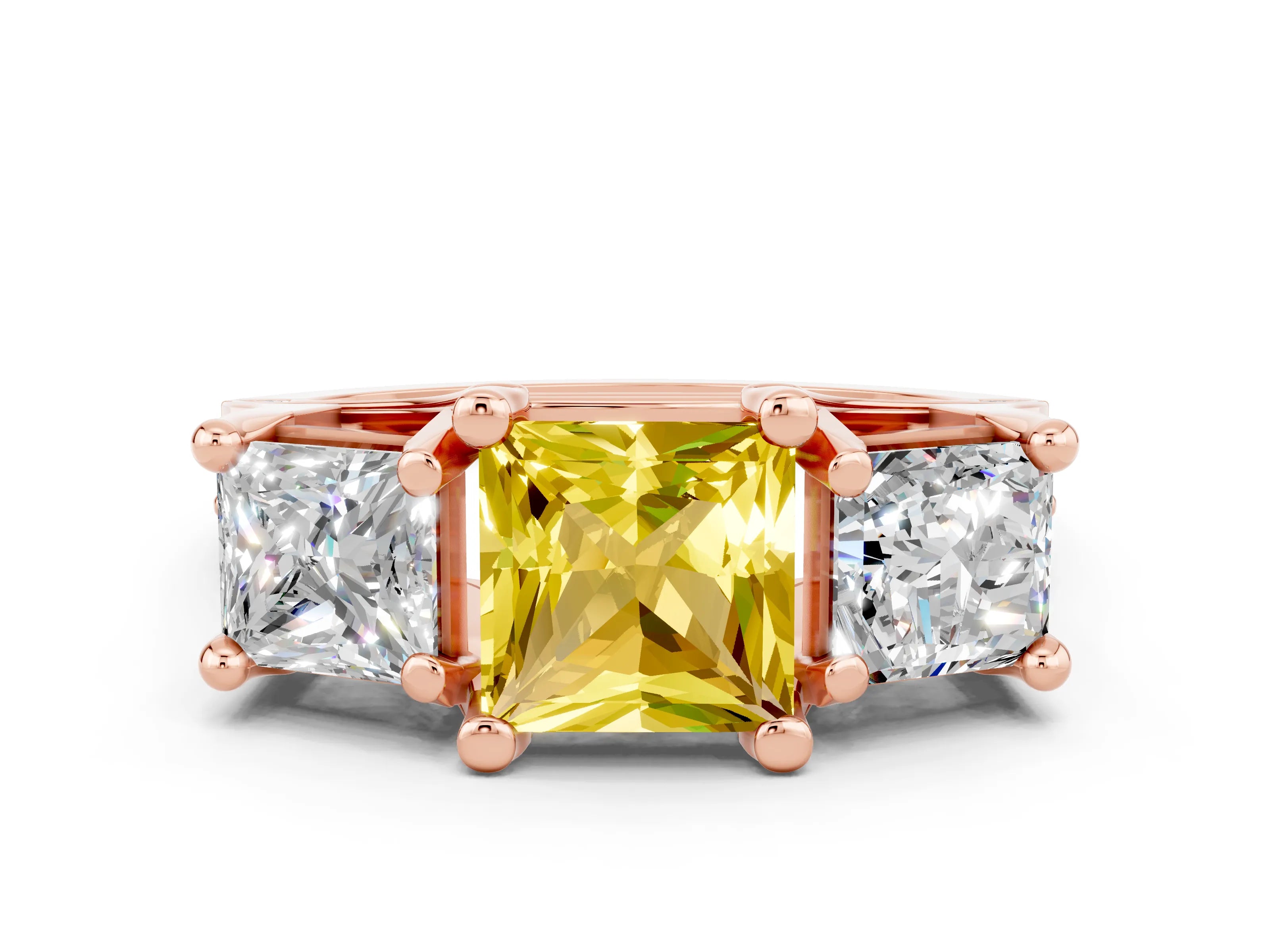 Rose gold Princess Cut Yellow Sapphire Three-Stone Ring with Channel Set Band and Four-Prong Setting