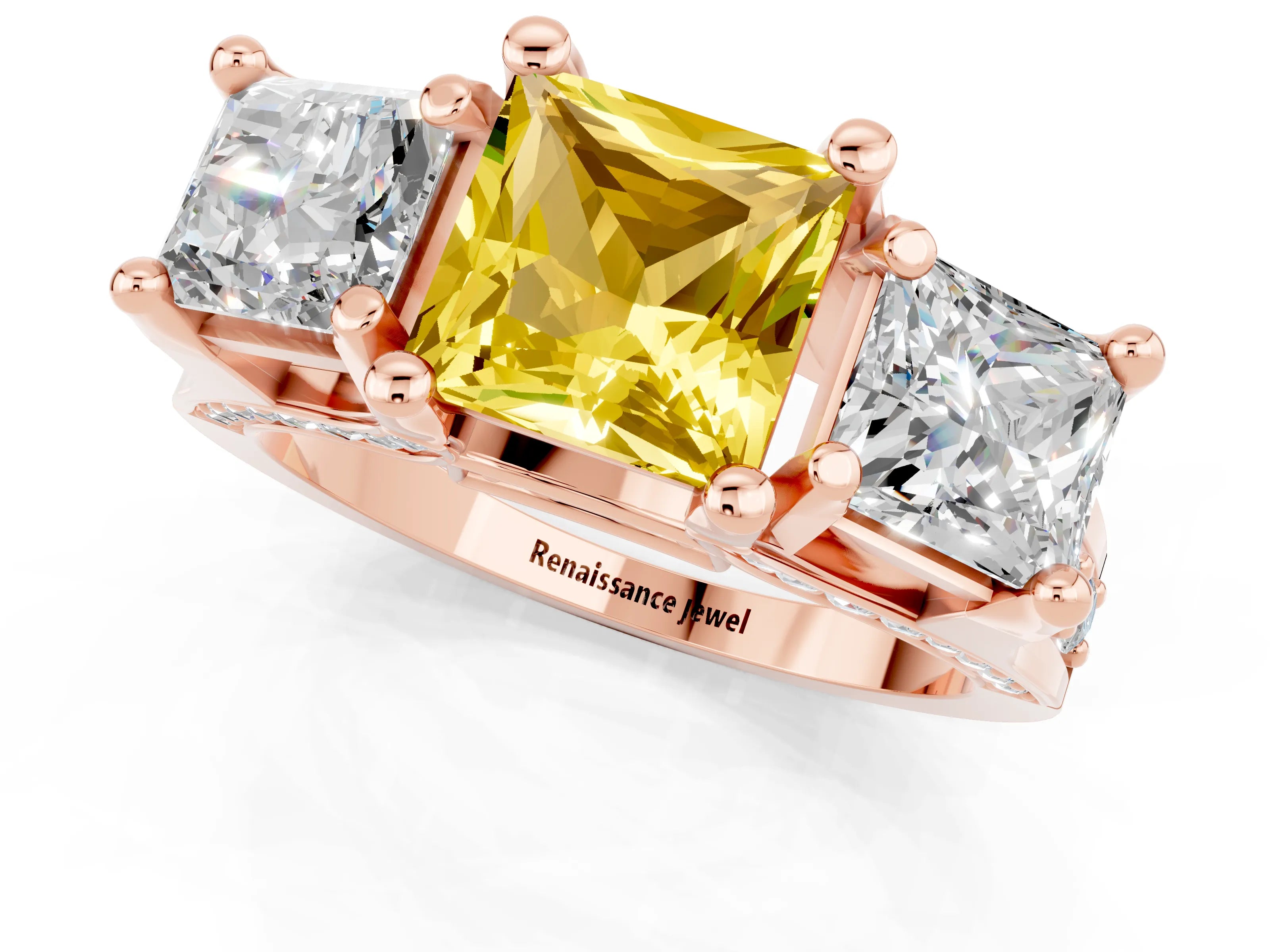 Rose gold Princess Cut Yellow Sapphire Three-Stone Ring with Channel Set Band and Four-Prong Setting_1
