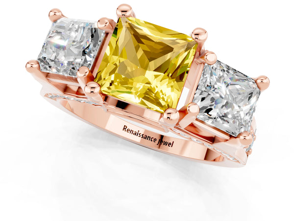 Rose gold Princess Cut Yellow Sapphire Three-Stone Ring with Channel Set Band and Four-Prong Setting