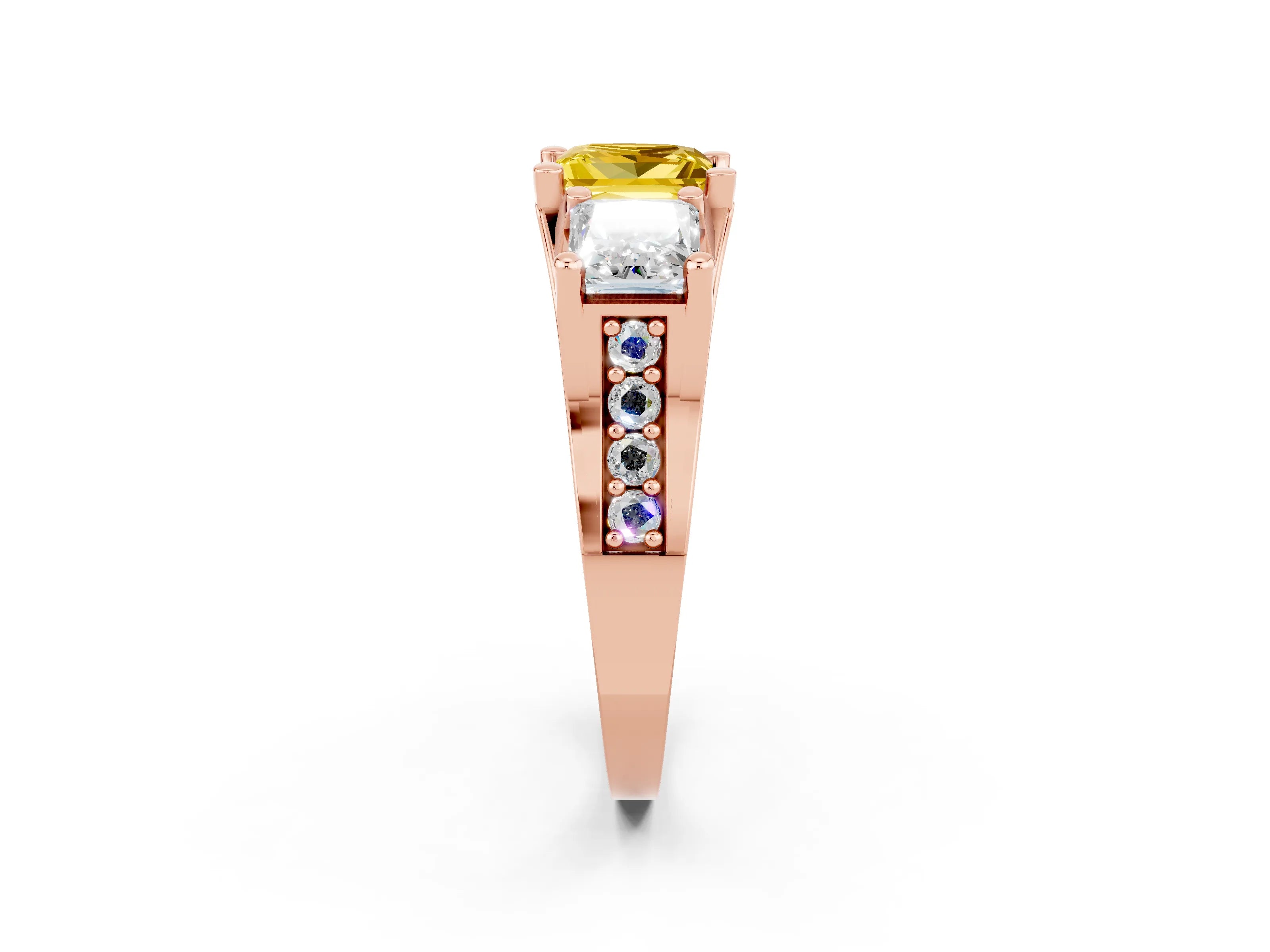 Rose gold Princess Cut Yellow Sapphire Three-Stone Ring with Channel Set Band and Four-Prong Setting_2
