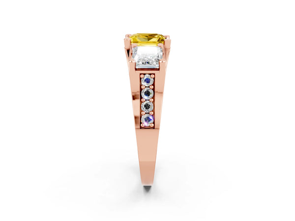 Rose gold Princess Cut Yellow Sapphire Three-Stone Ring with Channel Set Band and Four-Prong Setting
