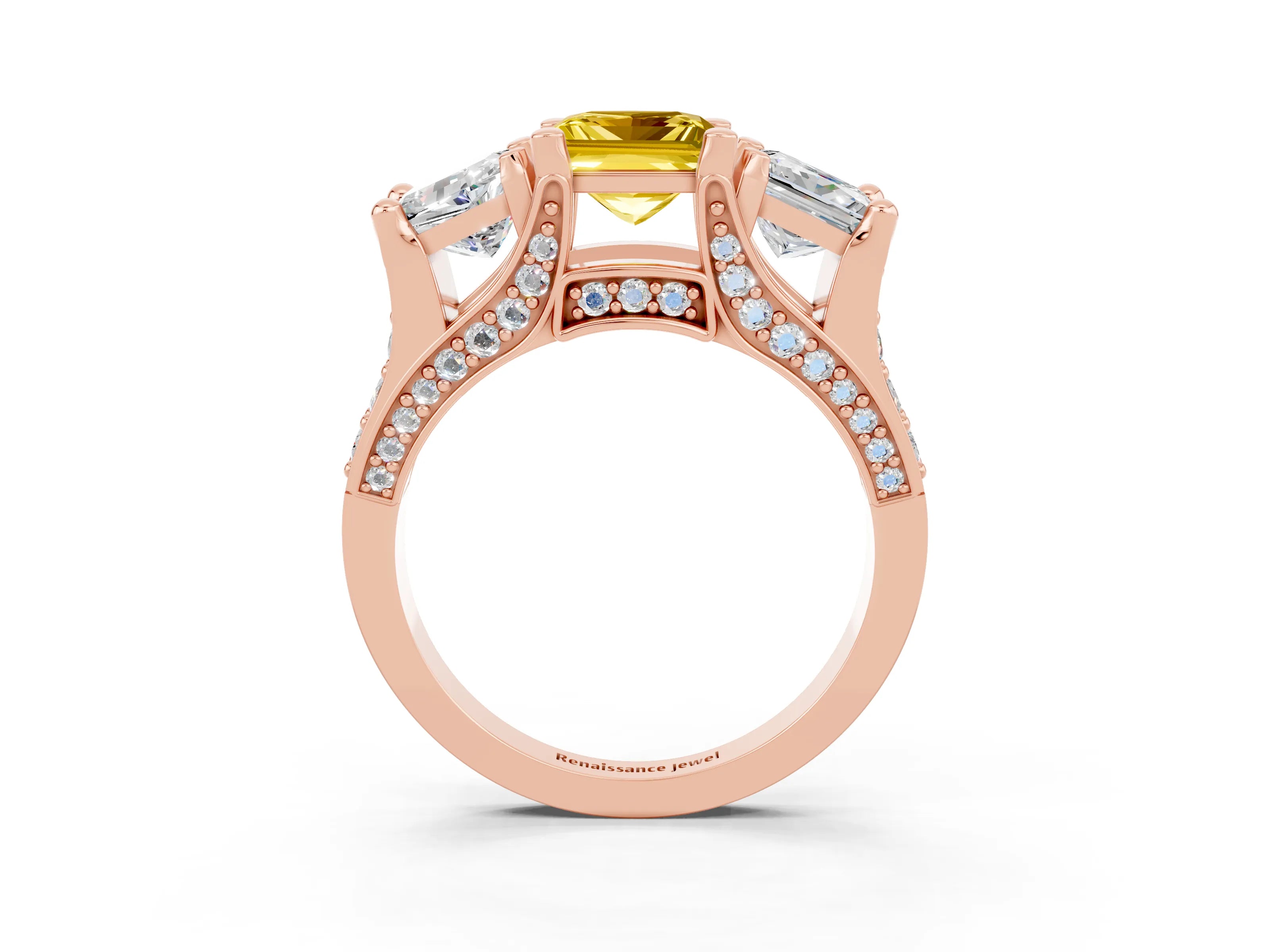 Rose gold Princess Cut Yellow Sapphire Three-Stone Ring with Channel Set Band and Four-Prong Setting_3