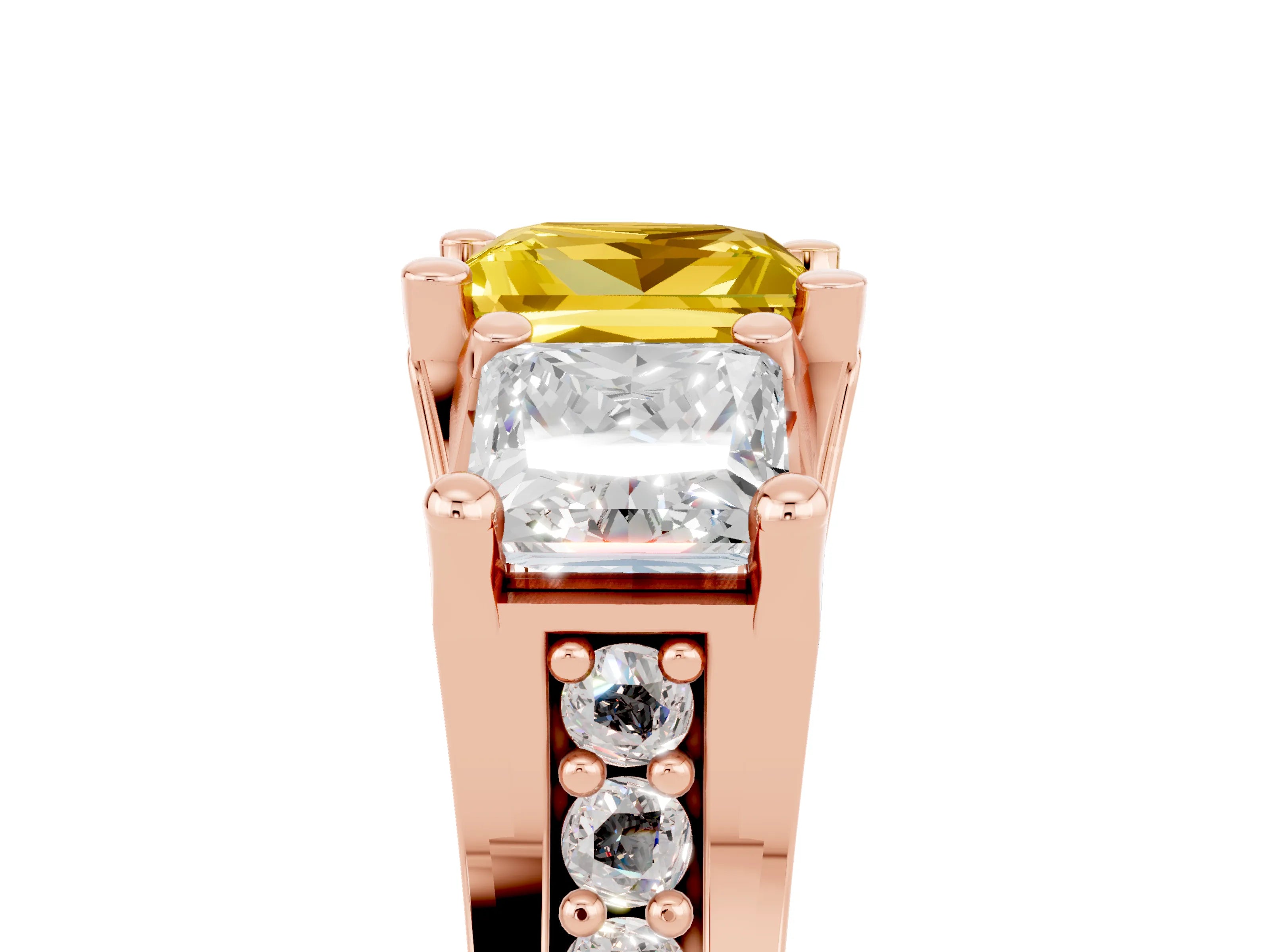 Rose gold Princess Cut Yellow Sapphire Three-Stone Ring with Channel Set Band and Four-Prong Setting_5