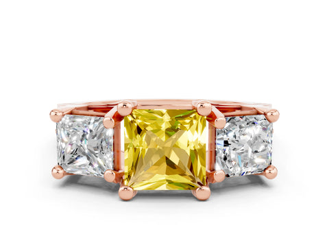 Rose gold Princess Cut Yellow Sapphire Three-Stone Ring with Channel Set Band and Four-Prong Setting
