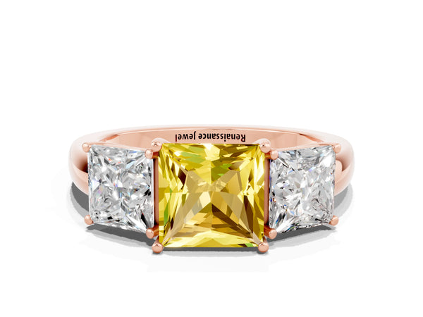 Rose gold Princess Cut Yellow Sapphire Three-Stone Ring with Four-Prong Setting and Classic Band