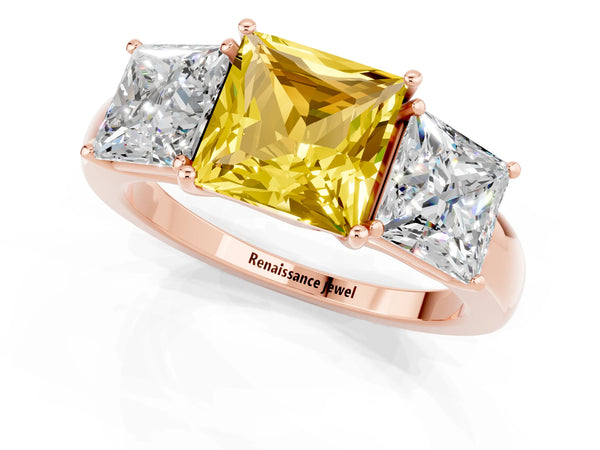 Rose gold Princess Cut Yellow Sapphire Three-Stone Ring with Four-Prong Setting and Classic Band