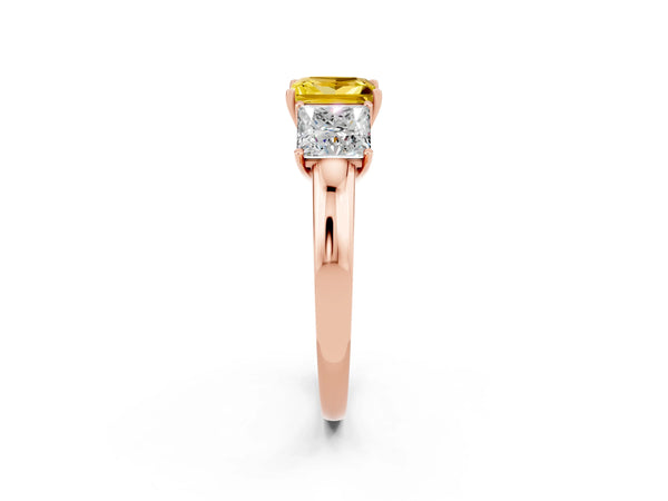 Rose gold Princess Cut Yellow Sapphire Three-Stone Ring with Four-Prong Setting and Classic Band
