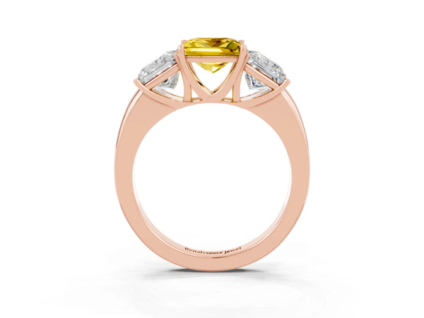 Rose gold Princess Cut Yellow Sapphire Three-Stone Ring with Four-Prong Setting and Classic Band
