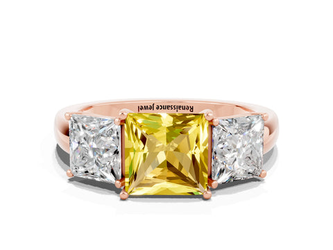 Rose gold Princess Cut Yellow Sapphire Three-Stone Ring with Four-Prong Setting and Classic Band