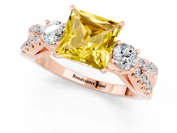 Rose gold Princess Cut Yellow Sapphire Three-Stone Ring with Pavé Split Shank and Four-Prong Setting