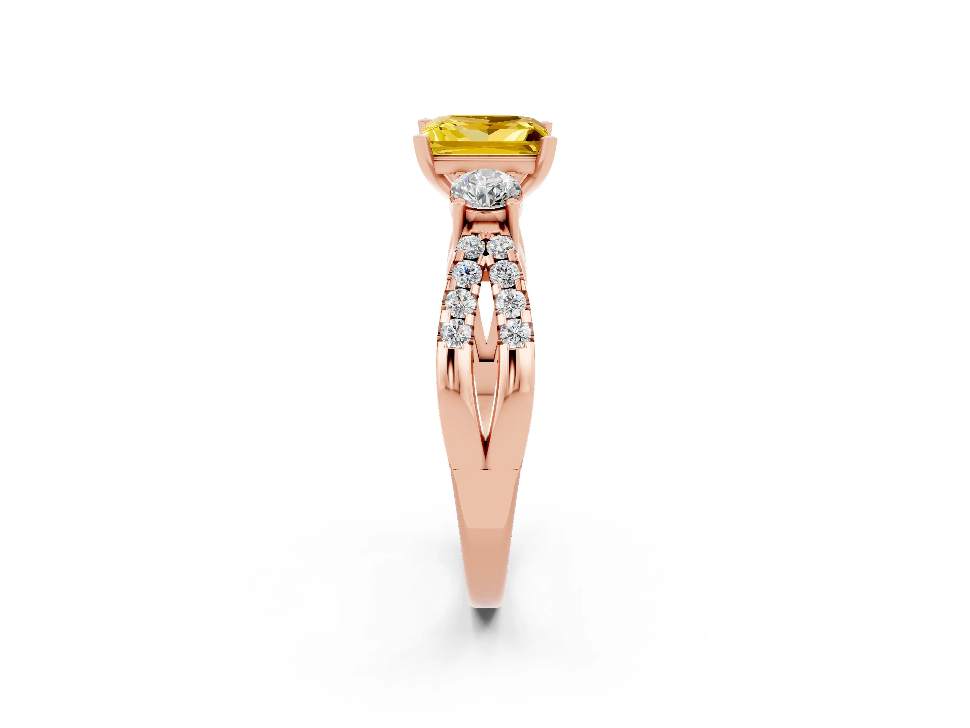 Rose gold Princess Cut Yellow Sapphire Three-Stone Ring with Pavé Split Shank and Four-Prong Setting_26