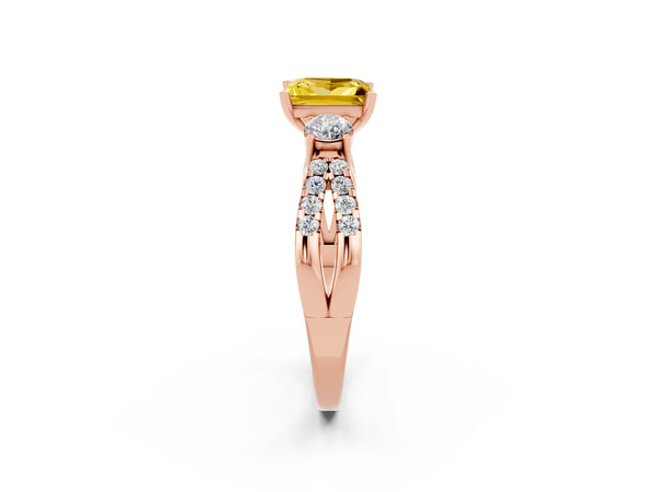 Rose gold Princess Cut Yellow Sapphire Three-Stone Ring with Pavé Split Shank and Four-Prong Setting