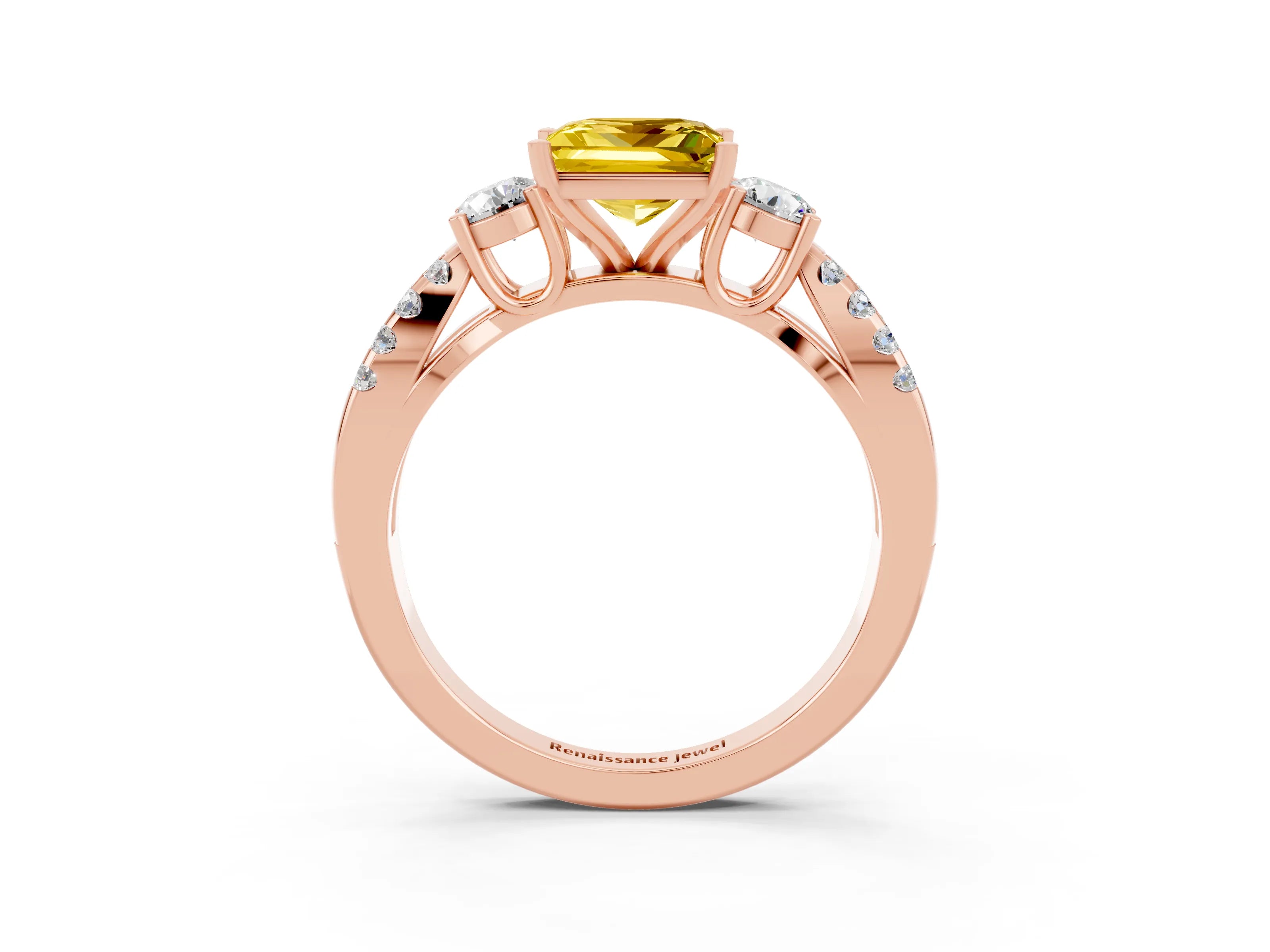 Rose gold Princess Cut Yellow Sapphire Three-Stone Ring with Pavé Split Shank and Four-Prong Setting_27