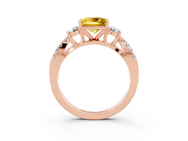 Rose gold Princess Cut Yellow Sapphire Three-Stone Ring with Pavé Split Shank and Four-Prong Setting