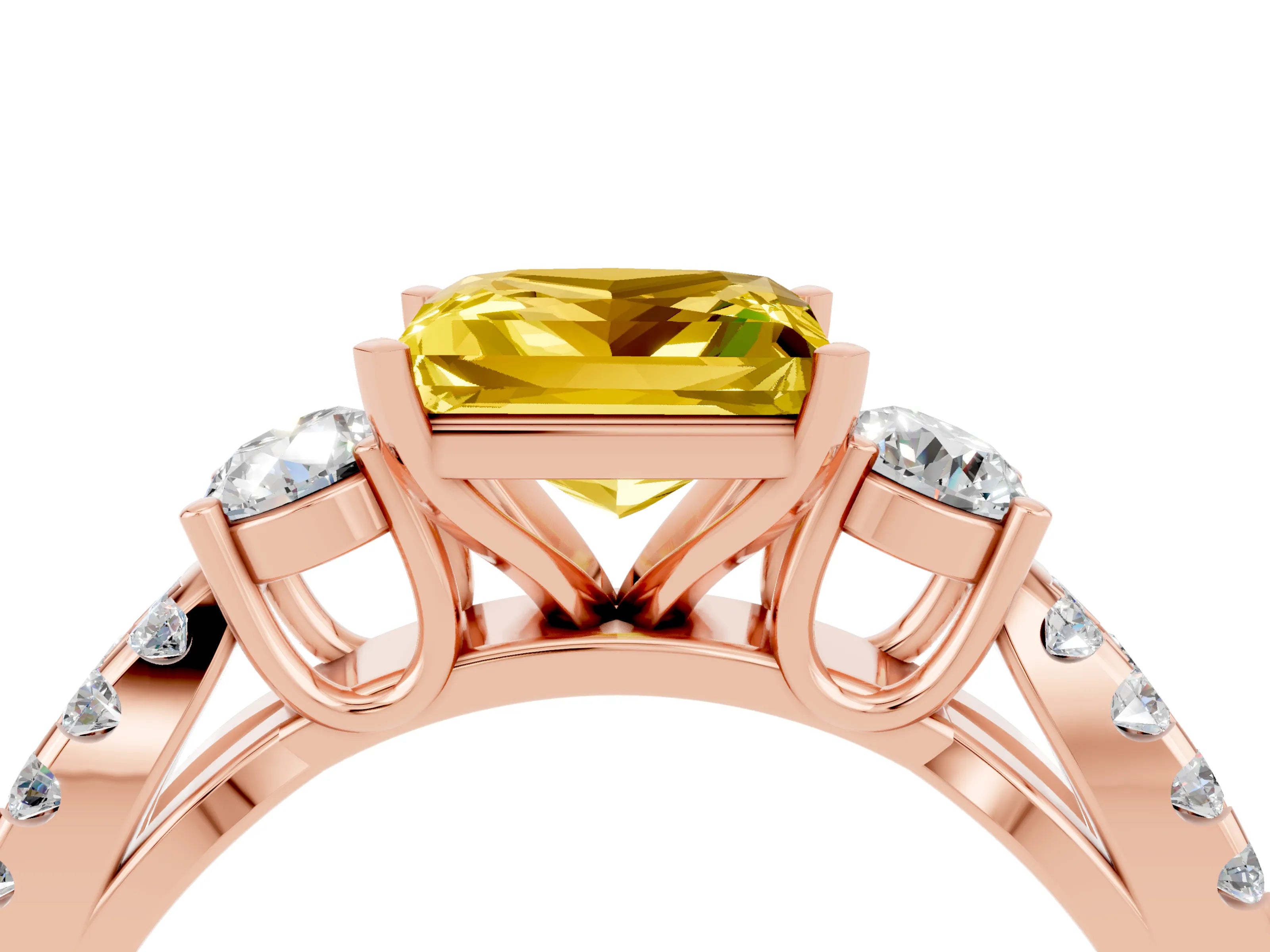 Rose gold Princess Cut Yellow Sapphire Three-Stone Ring with Pavé Split Shank and Four-Prong Setting_28