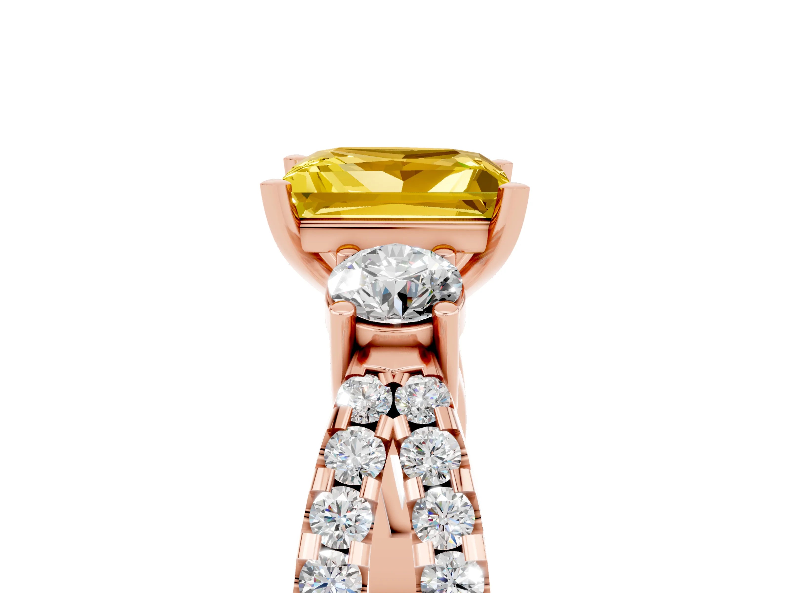 Rose gold Princess Cut Yellow Sapphire Three-Stone Ring with Pavé Split Shank and Four-Prong Setting_29