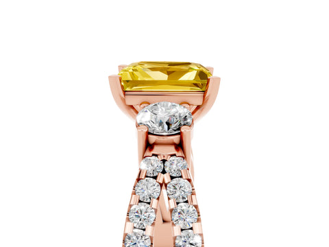 Rose gold Princess Cut Yellow Sapphire Three-Stone Ring with Pavé Split Shank and Four-Prong Setting_29