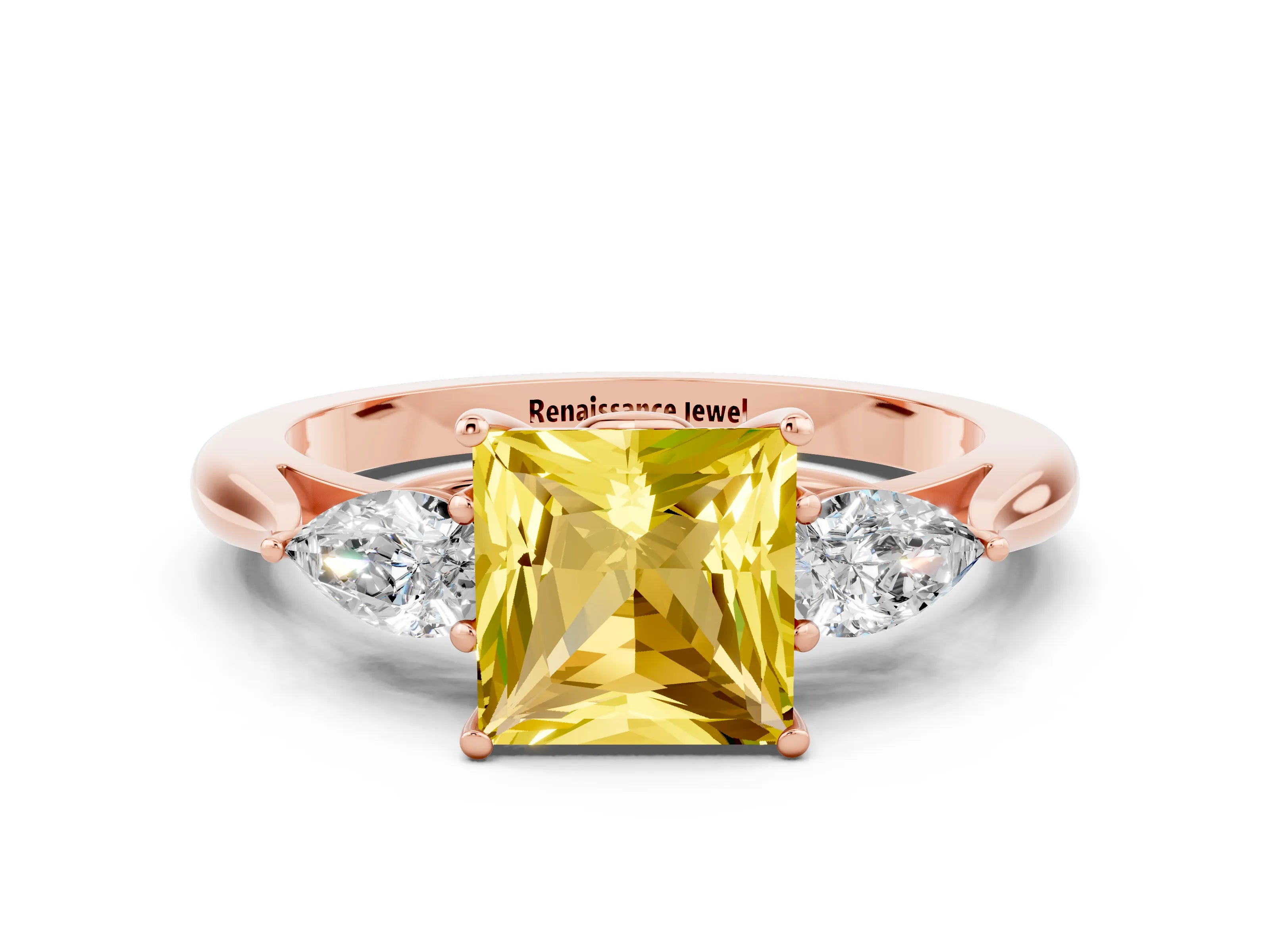 Rose gold Princess Cut Yellow Sapphire Three-Stone Ring with Pear Side Stones and Four-Prong Setting_12