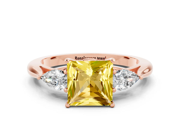 Rose gold Princess Cut Yellow Sapphire Three-Stone Ring with Pear  Side Stones and Prong Setting