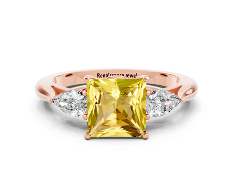 Rose gold Princess Cut Yellow Sapphire Three-Stone Ring with Pear Side Stones and Four-Prong Setting_12