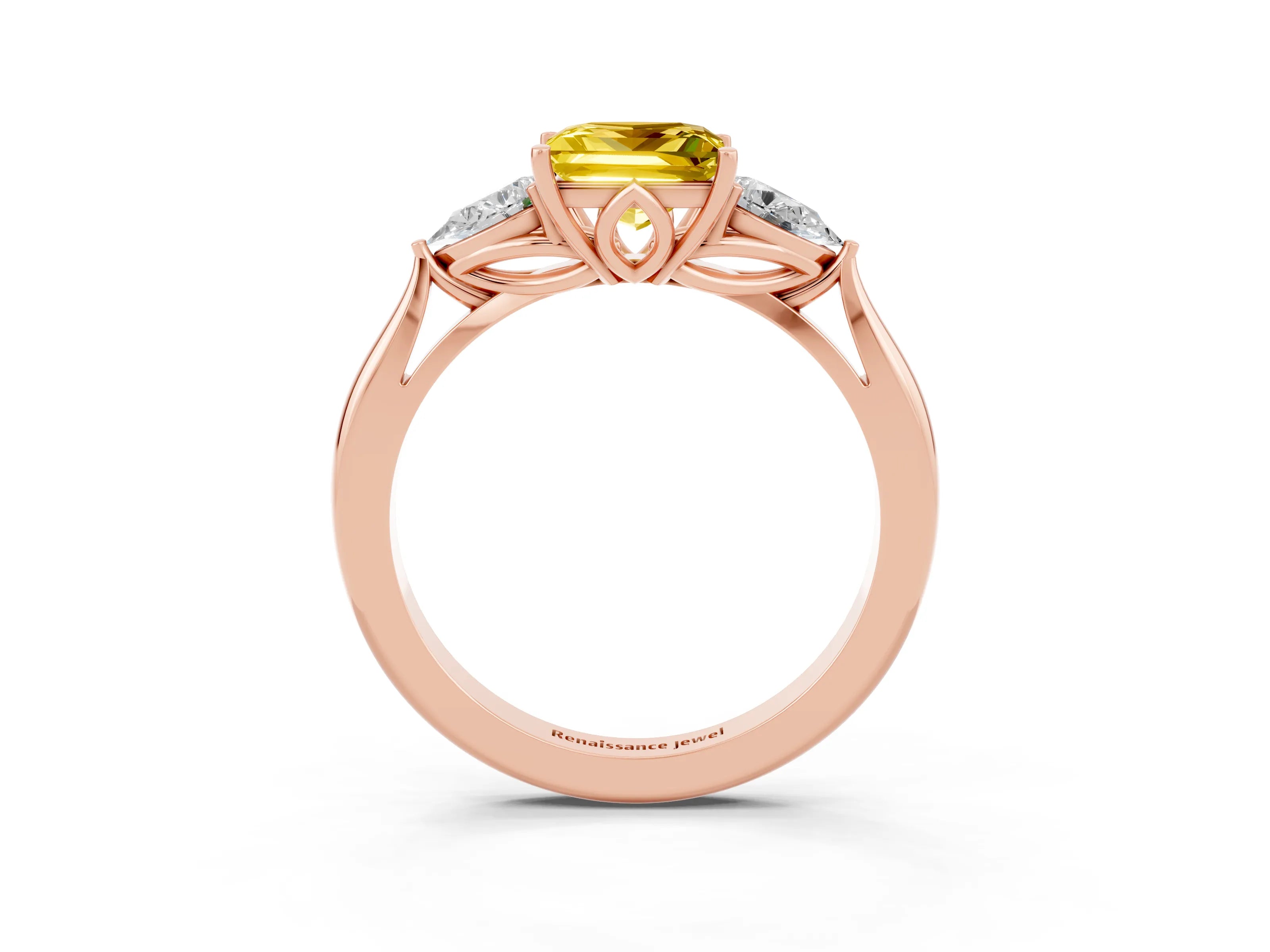 Rose gold Princess Cut Yellow Sapphire Three-Stone Ring with Pear Side Stones and Four-Prong Setting_15