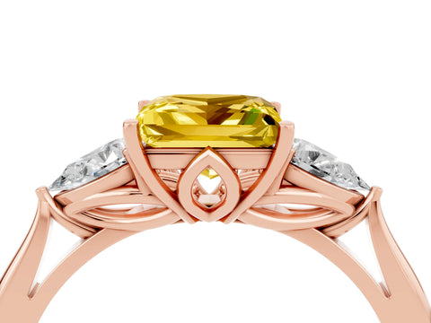 Rose gold Princess Cut Yellow Sapphire Three-Stone Ring with Pear Side Stones and Four-Prong Setting_16