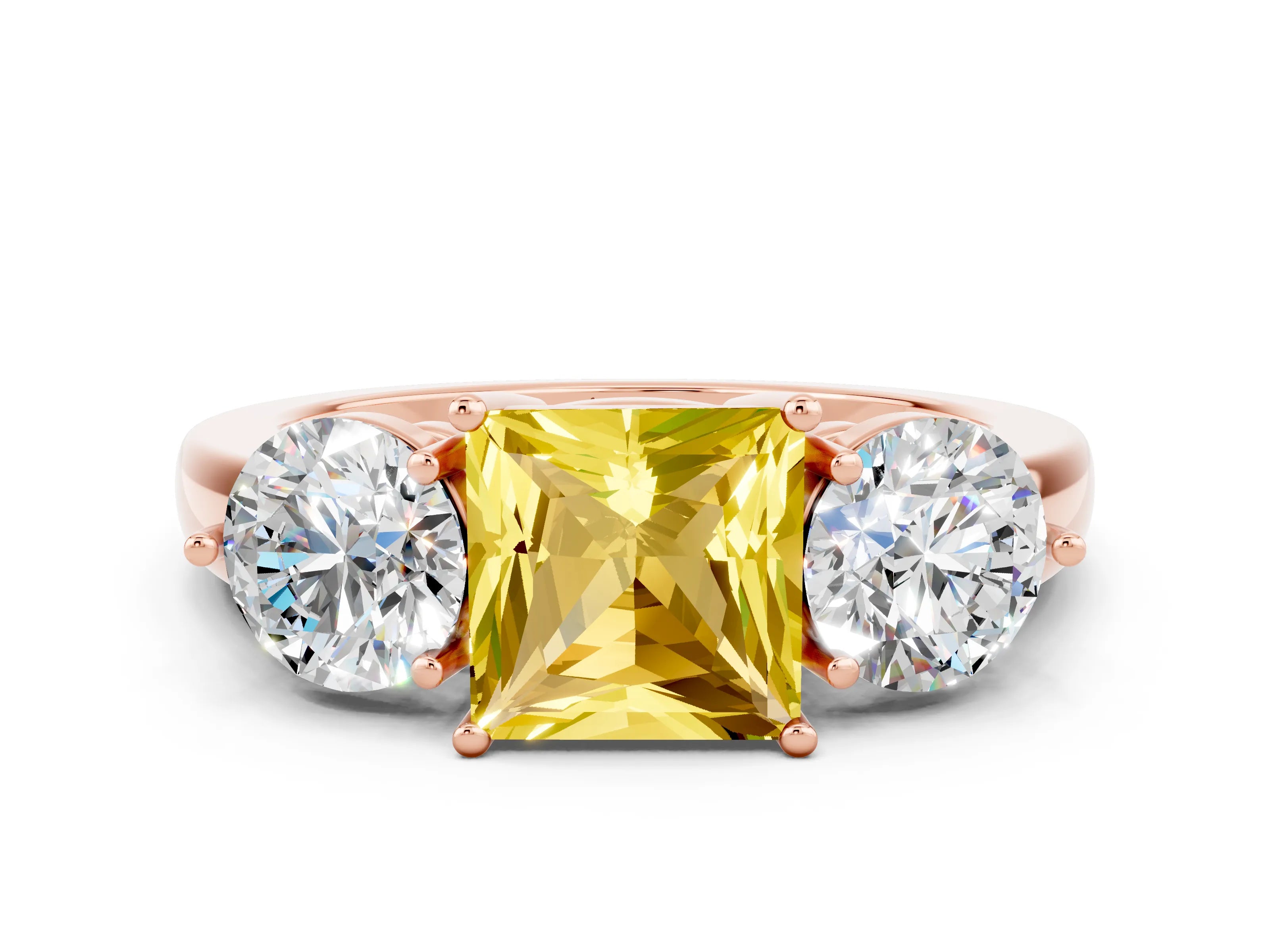 Rose gold Princess Cut Yellow Sapphire Three-Stone Ring with Prong Setting and Classic Band